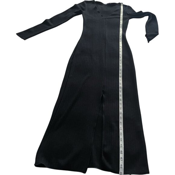 ZARA Black Ribbed Knit Sweater Midi Dress – Long Sleeve V-Neck with Front Slit M - Picture 9 of 14